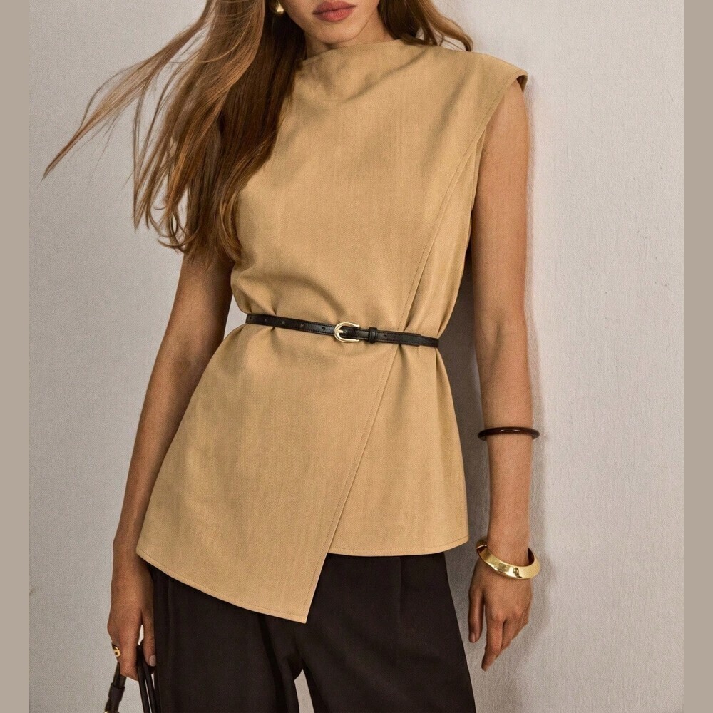 Tan Asymmetric Hem Sleeveless Stand Collar Tunic Vest